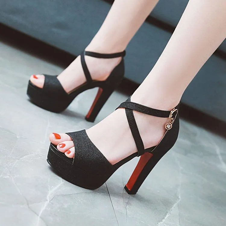 Moana Sandals Women's Sparkling Ankle Wrap Platform Chunky Heel Sandals