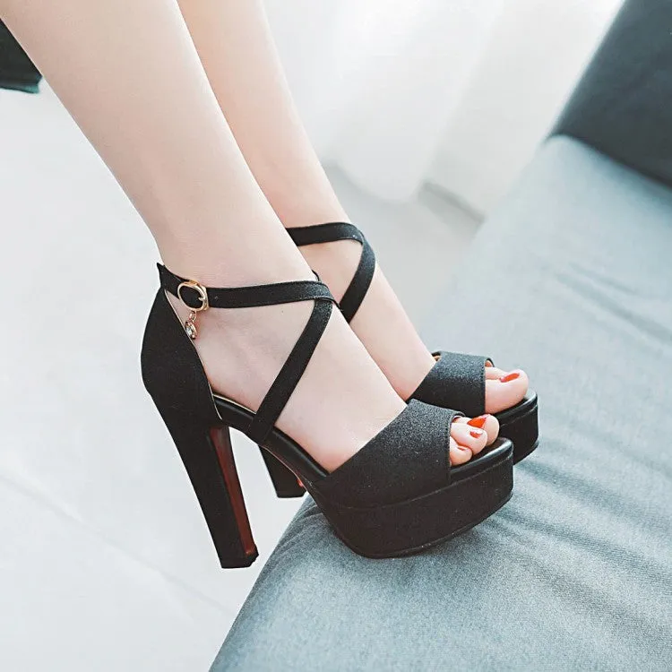 Women's Sparkling Ankle Wrap Platform Chunky Heel Sandals Oasis Sandals