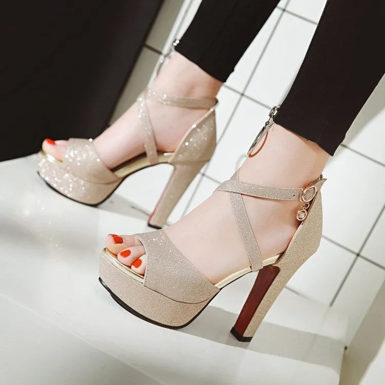 Women's Sparkling Ankle Wrap Platform Chunky Heel Sandals Loop Sandals