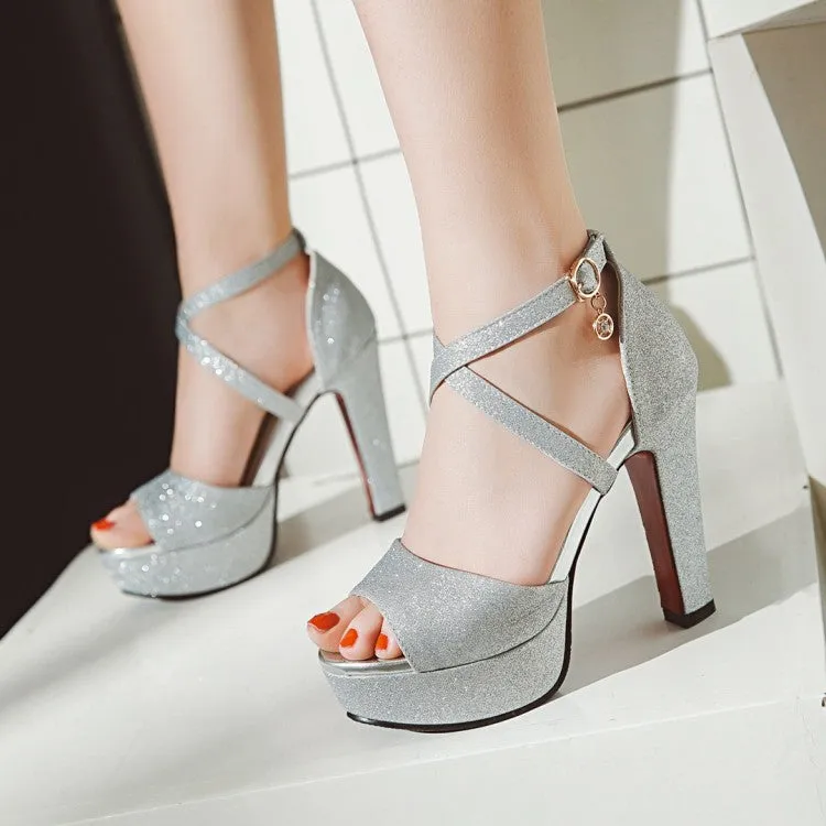 Women's Sparkling Ankle Wrap Platform Chunky Heel Sandals St Lucia Sandals Halcyon