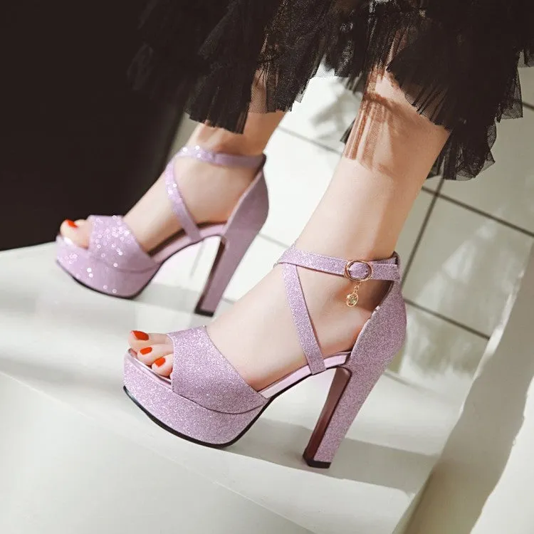 Japanese Sandals Wood Women's Sparkling Ankle Wrap Platform Chunky Heel Sandals