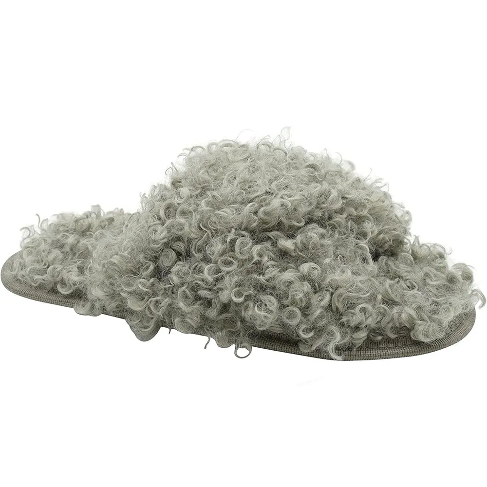 Slippers Mustard Seed Women's curly faux fur cross over detail sliders slippers,Grey