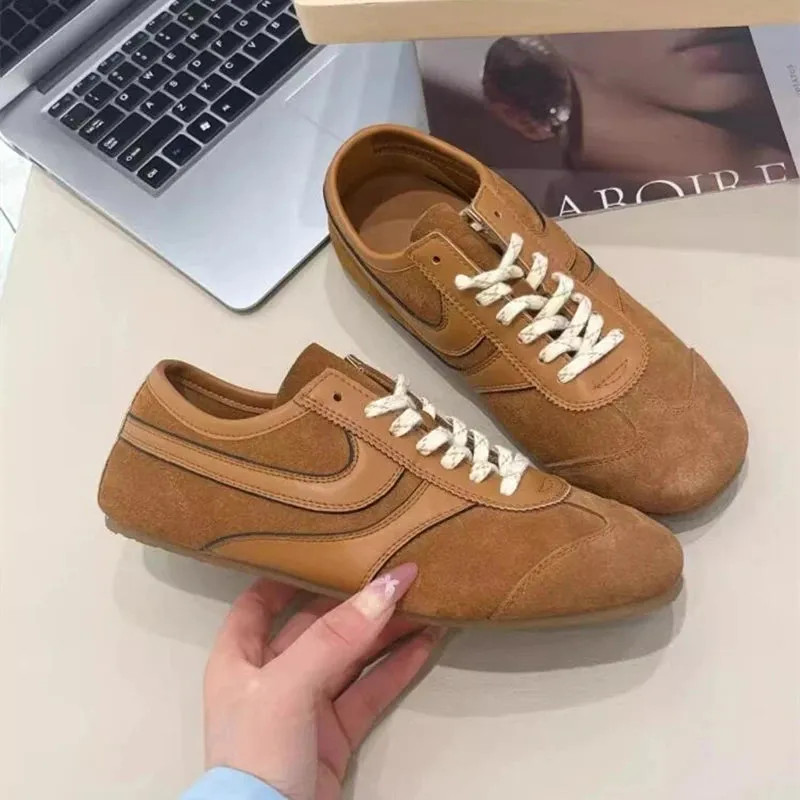 German Training Shoes Genuine Leather Women Sneakers Flat Lace-up Retro Large Size Forrest Gump