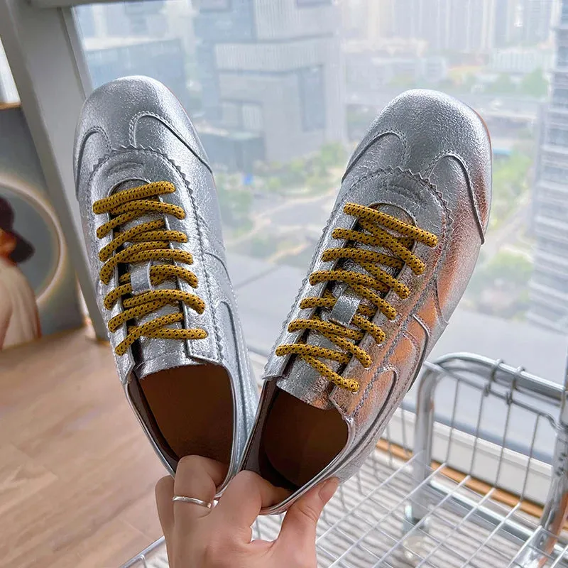 German Training Shoes Genuine Leather Women Sneakers Flat Lace-up Retro Large Size Forrest Gump