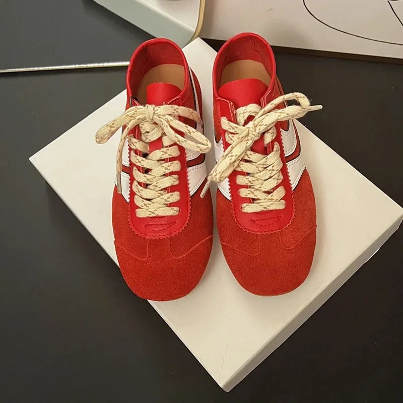 Miu Miu Sneakers German Training Shoes Genuine Leather Women Sneakers Flat Lace-up Retro Large Size Forrest Gump