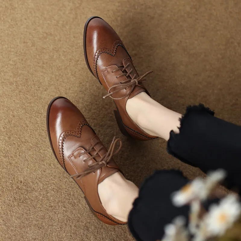 Heeled Lace Up Oxfords Handmade Wingtip Brogues Leather Lace Up Oxfords For Women in Green/Black/Brown