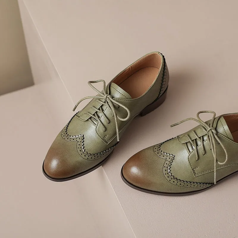 8053 Lace-up Oxfords Handmade Wingtip Brogues Leather Lace Up Oxfords For Women in Green/Black/Brown