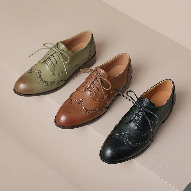 Oxfords Casual Dining Handmade Wingtip Brogues Leather Lace Up Oxfords For Women in Green/Black/Brown