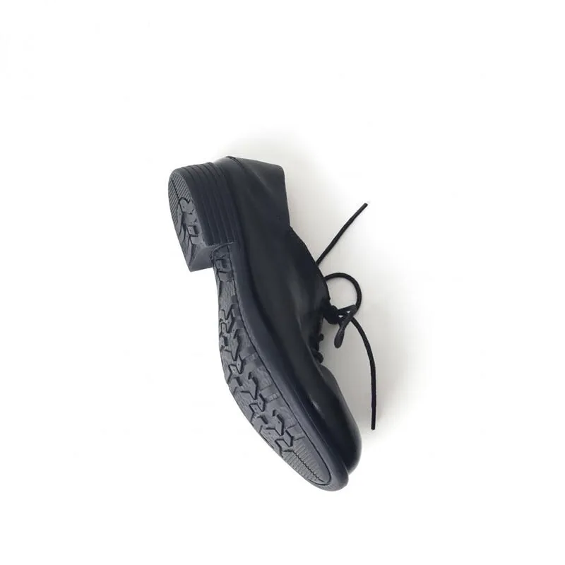 Horse Leather Derby Shoes Retro Round Toe Low Block Heel Lace Up Leather Shoes Black/White Neutral Oxfords