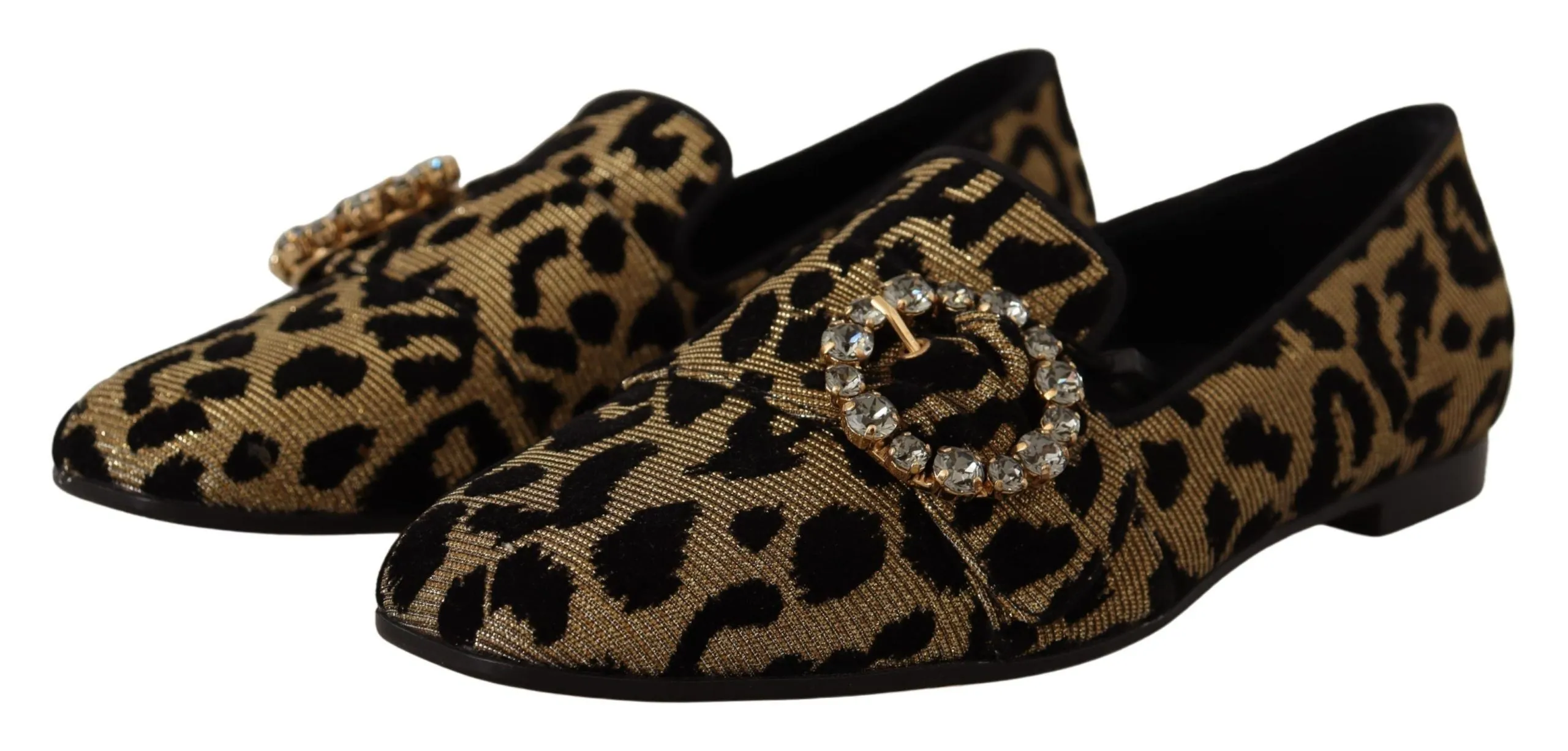 Dolce & Gabbana Gold Leopard Print Crystals Loafers Shoes Loafers Lug Sole