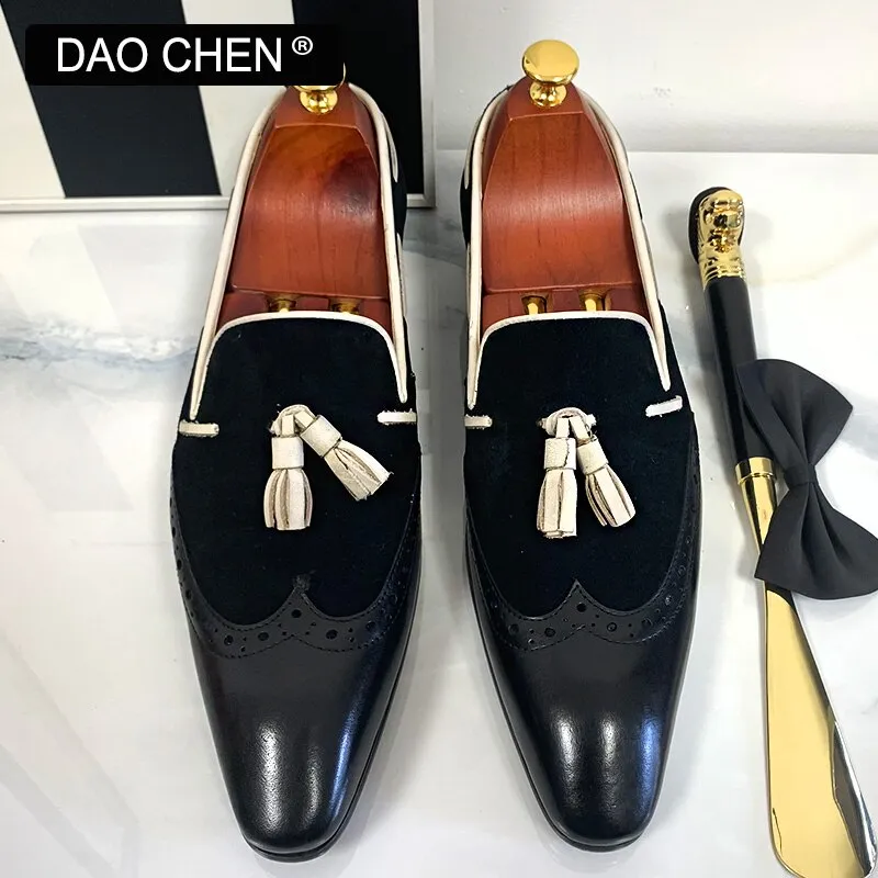 Loafers Denim ITALIAN MEN'S CASUAL SHOES BLACK COFFEE MIXED COLOR WINGTIP ELEGANT DRESS SHOES WEDDING OFFICE GENUINE LEATHER LOAFERS MEN SHOES