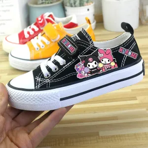 Kawaii Kuromi Student Canvas Shoes Kids Size with Velcro Fastener Leather Low Top Sneakers