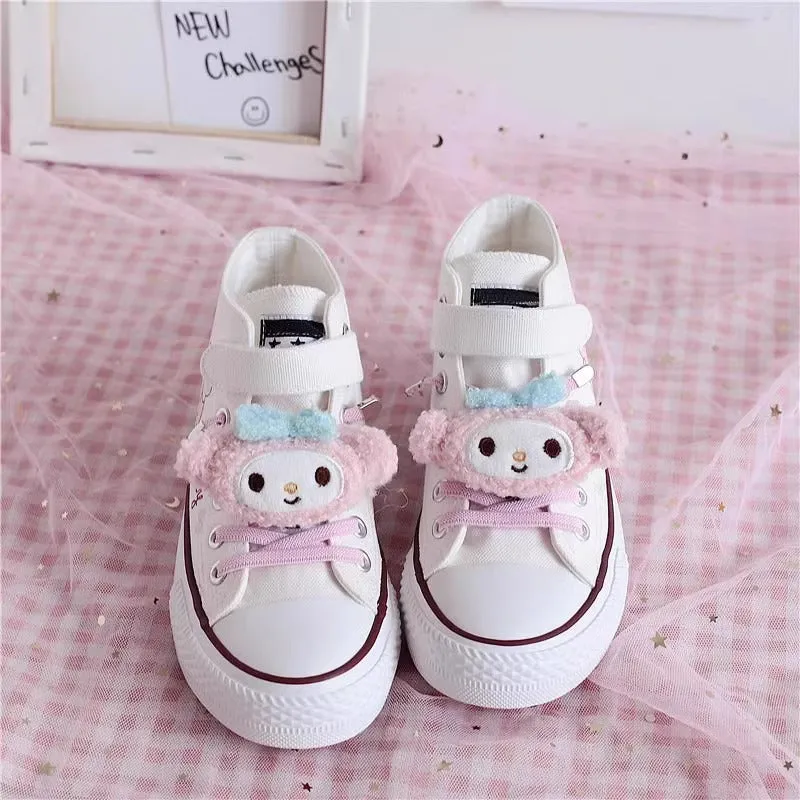 Kids Cartoon Pattern Velcro High Top Canvas Kawaii Girls Shoes White Sneakers With Arch Support