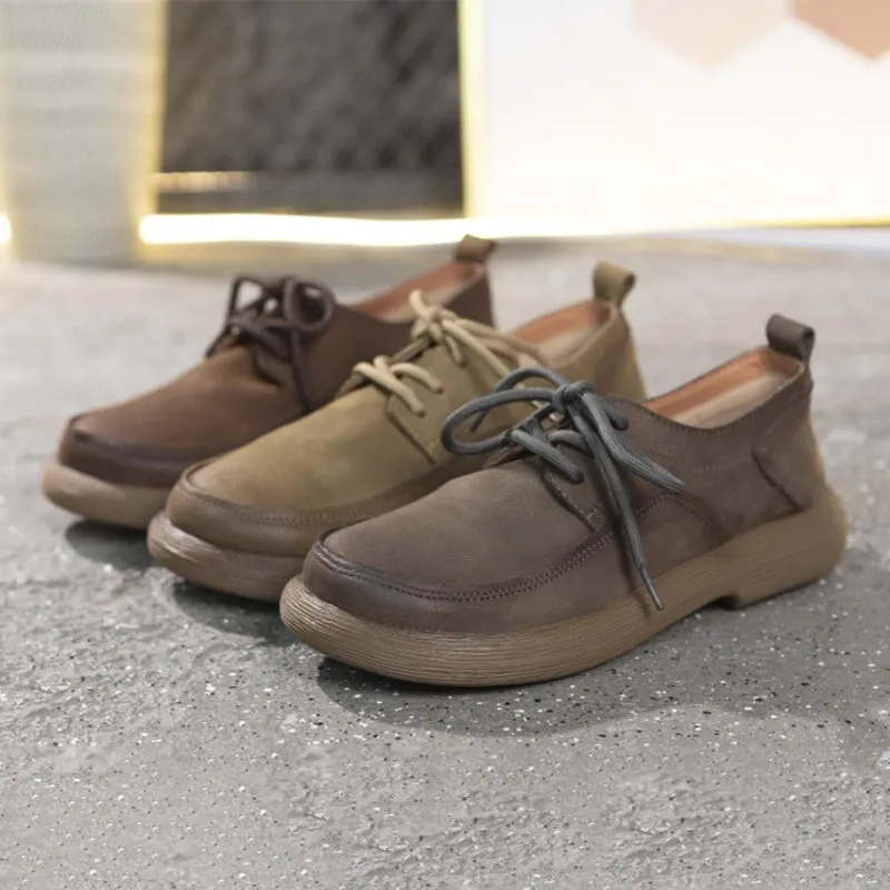 Vintage Oxfords Lace up Soft Leather Oxford Shoes for Women In Khaki/Gray