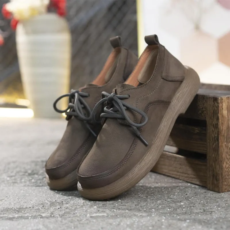 Oxford Boat Shoes Lace up Soft Leather Oxford Shoes for Women In Khaki/Gray