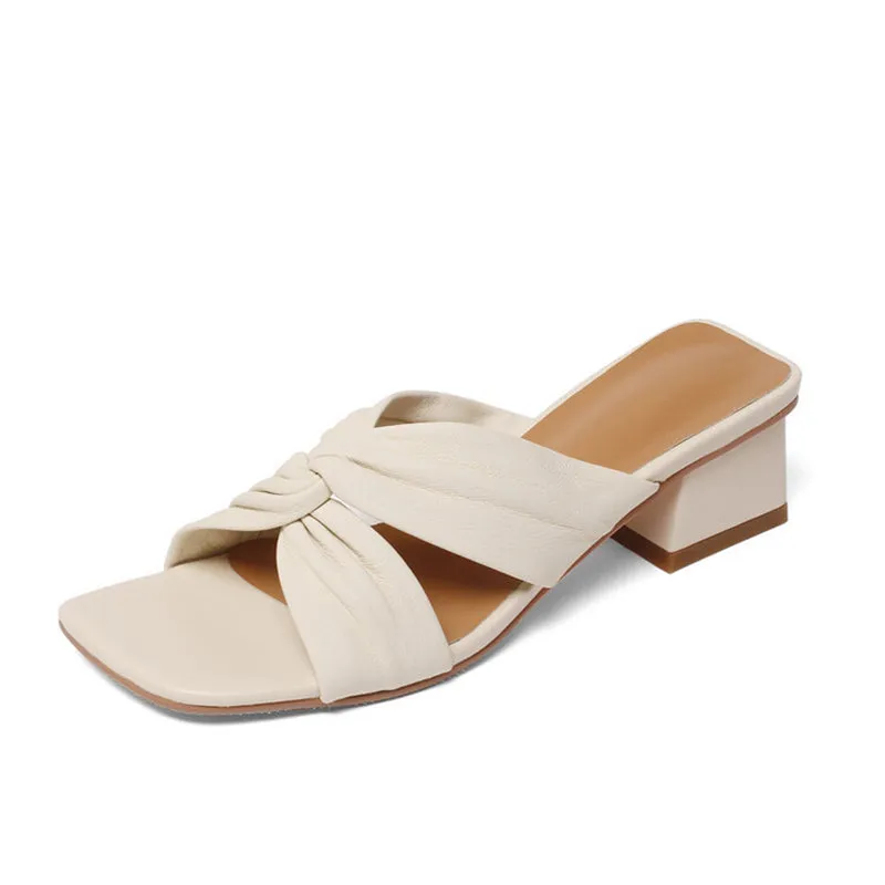 Platform Wingtip Oxfords Leather Square Toe Slide Sandals Chunky Mid Heel White/Blue/Apricot