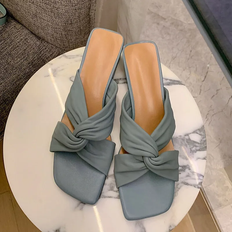 Leather Square Toe Slide Sandals Chunky Mid Heel White/Blue/Apricot Braided Oxfords