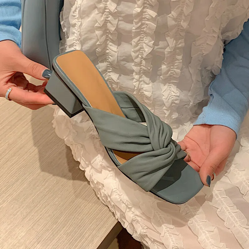 Leather Square Toe Slide Sandals Chunky Mid Heel White/Blue/Apricot Dark Oxford Shoes