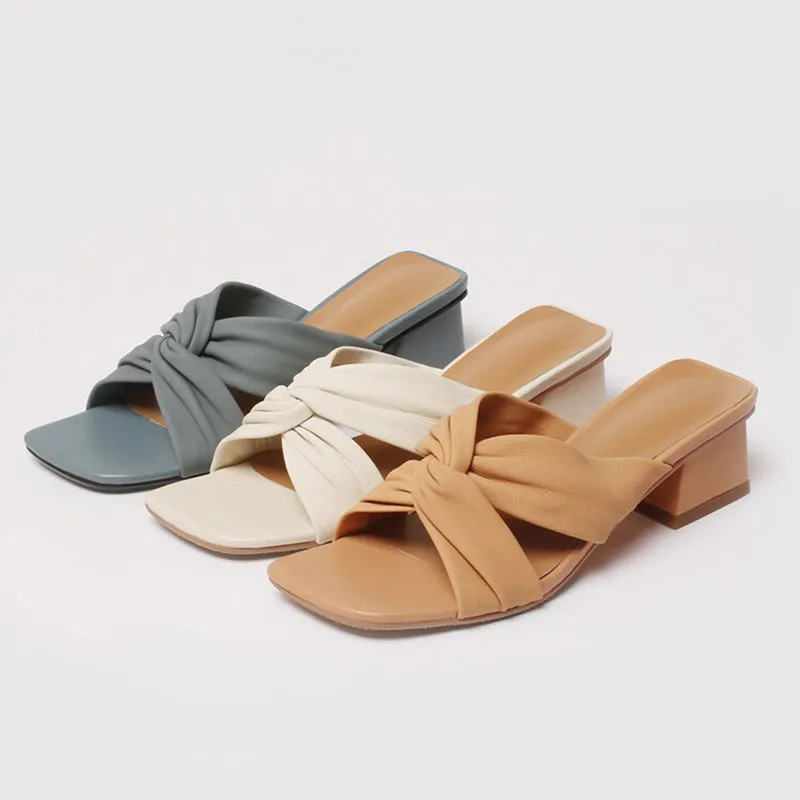 Capitol Plain Toe Canvas Oxfords Leather Square Toe Slide Sandals Chunky Mid Heel White/Blue/Apricot