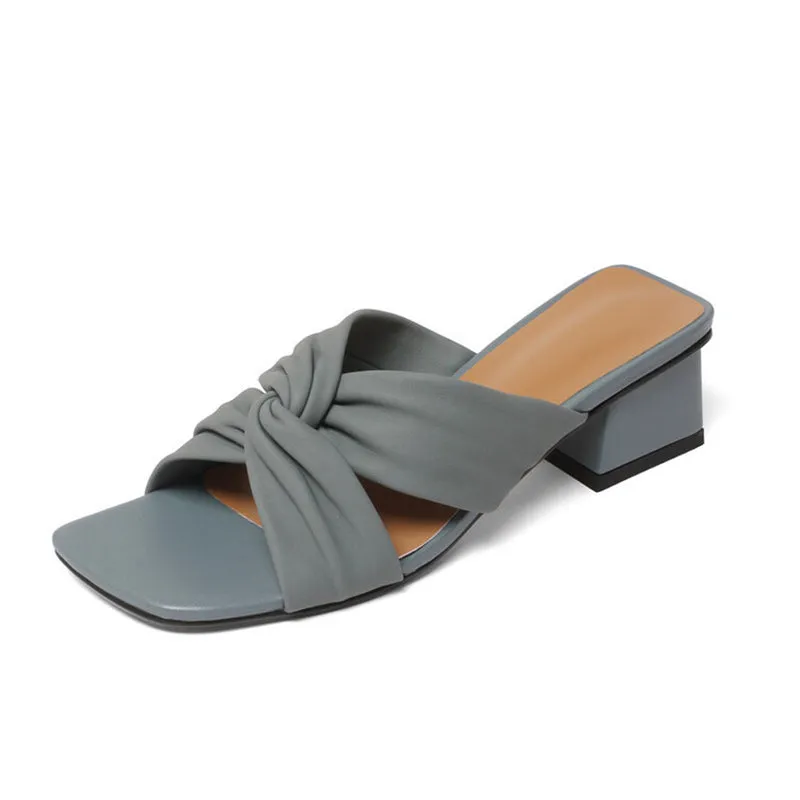 Leather Square Toe Slide Sandals Chunky Mid Heel White/Blue/Apricot Striped Oxford Shirt