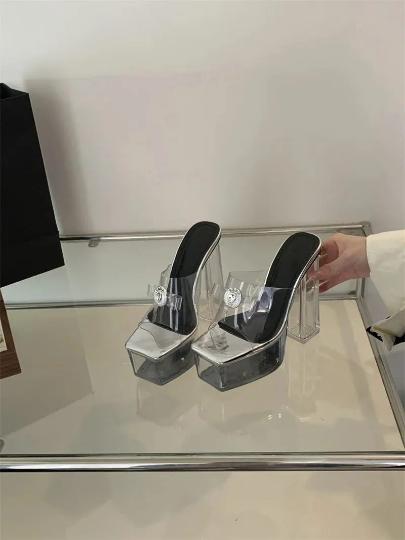 Fabric For Slippers Liyke transparente klobige High Heels moderne Hausschuhe Damenmode Metalls chnalle quadratische Zehen Plattform Sandalen klare Schuhe Frauen
