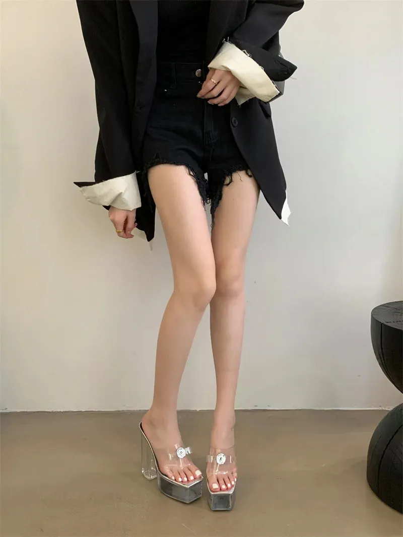 Liyke transparente klobige High Heels moderne Hausschuhe Damenmode Metalls chnalle quadratische Zehen Plattform Sandalen klare Schuhe Frauen Slippers Infant