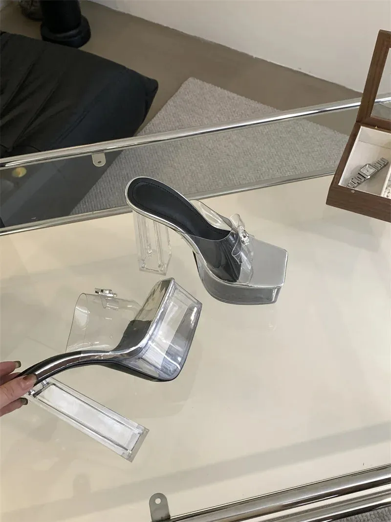 Eva Slides Liyke transparente klobige High Heels moderne Hausschuhe Damenmode Metalls chnalle quadratische Zehen Plattform Sandalen klare Schuhe Frauen