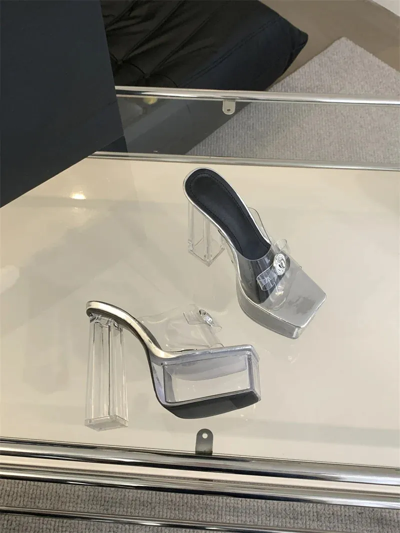 Liyke transparente klobige High Heels moderne Hausschuhe Damenmode Metalls chnalle quadratische Zehen Plattform Sandalen klare Schuhe Frauen Alpine Slippers