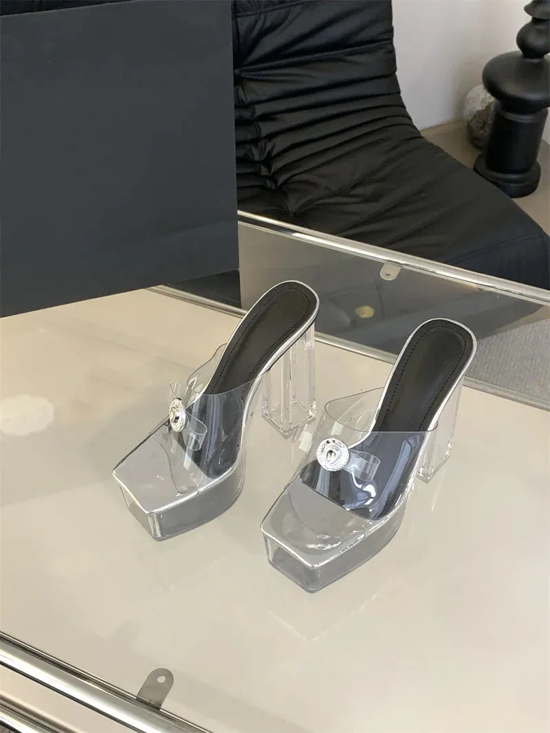 Liyke transparente klobige High Heels moderne Hausschuhe Damenmode Metalls chnalle quadratische Zehen Plattform Sandalen klare Schuhe Frauen Fire Engine Slippers