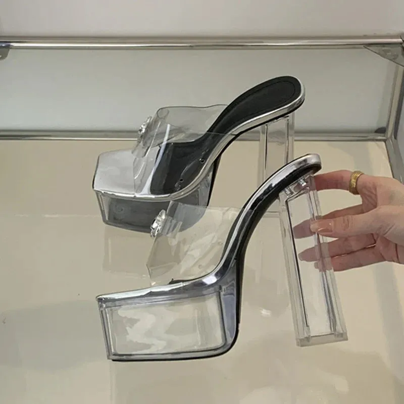 Free Knitting Patterns For Slippers Liyke transparente klobige High Heels moderne Hausschuhe Damenmode Metalls chnalle quadratische Zehen Plattform Sandalen klare Schuhe Frauen