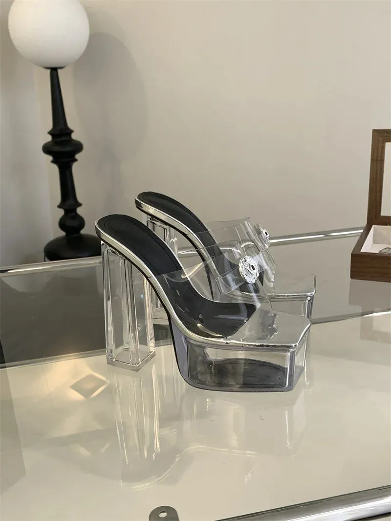 Liyke transparente klobige High Heels moderne Hausschuhe Damenmode Metalls chnalle quadratische Zehen Plattform Sandalen klare Schuhe Frauen Cheetah Slippers