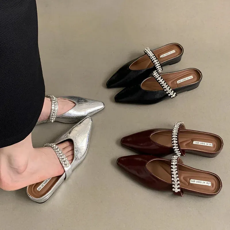 Athletic Slippers LIZAKOSHT  -  Bling Crystal Flat Heel Slippers Mules Women Wrap Toe Banquet Stiletto Sandals New Summer Luxury Formal Party Shoes Female Slide