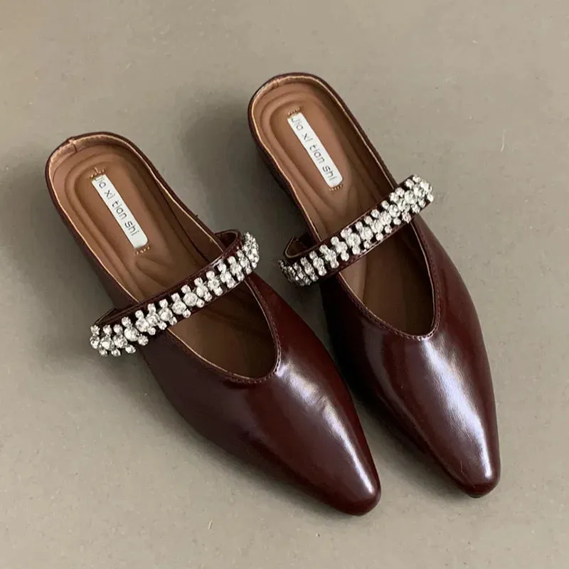 Bass Slippers LIZAKOSHT  -  Bling Crystal Flat Heel Slippers Mules Women Wrap Toe Banquet Stiletto Sandals New Summer Luxury Formal Party Shoes Female Slide