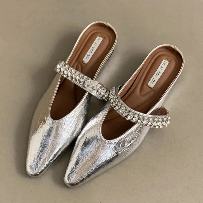 Slippers Code Dress To Impress LIZAKOSHT  -  Bling Crystal Flat Heel Slippers Mules Women Wrap Toe Banquet Stiletto Sandals New Summer Luxury Formal Party Shoes Female Slide