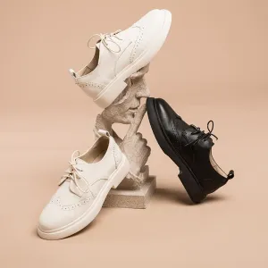 American Classics Longwing Oxfords Womens Wingtip Shoes Handmade Leather W Toe Cap Brogues Oxfords & Tie Flats Elegant Black/White