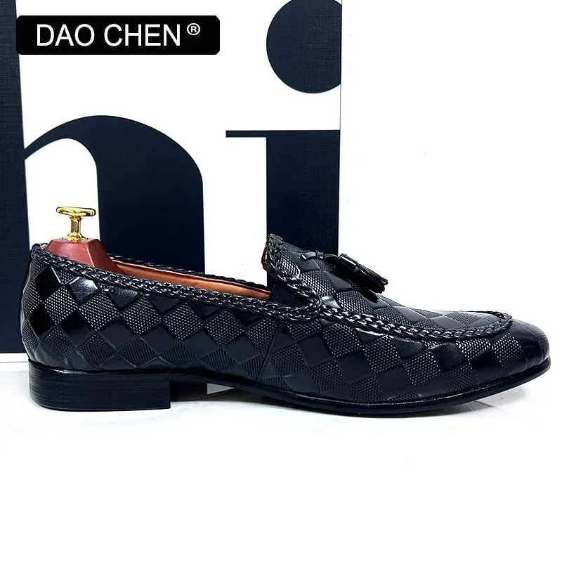 LUXURY PLAID PRINT WEAVE CASUAL SHOES BLACK BROWN WEDDING OFFICE DRESS MAN SHOES LOAFERS MEN Summer Suit With Loafers