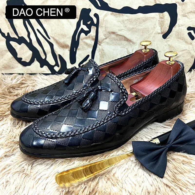Yankees Loafers LUXURY PLAID PRINT WEAVE CASUAL SHOES BLACK BROWN WEDDING OFFICE DRESS MAN SHOES LOAFERS MEN