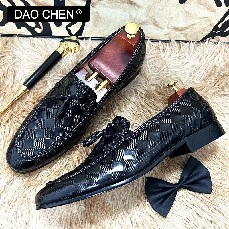 Dress Loafers With Suit LUXURY PLAID PRINT WEAVE CASUAL SHOES BLACK BROWN WEDDING OFFICE DRESS MAN SHOES LOAFERS MEN