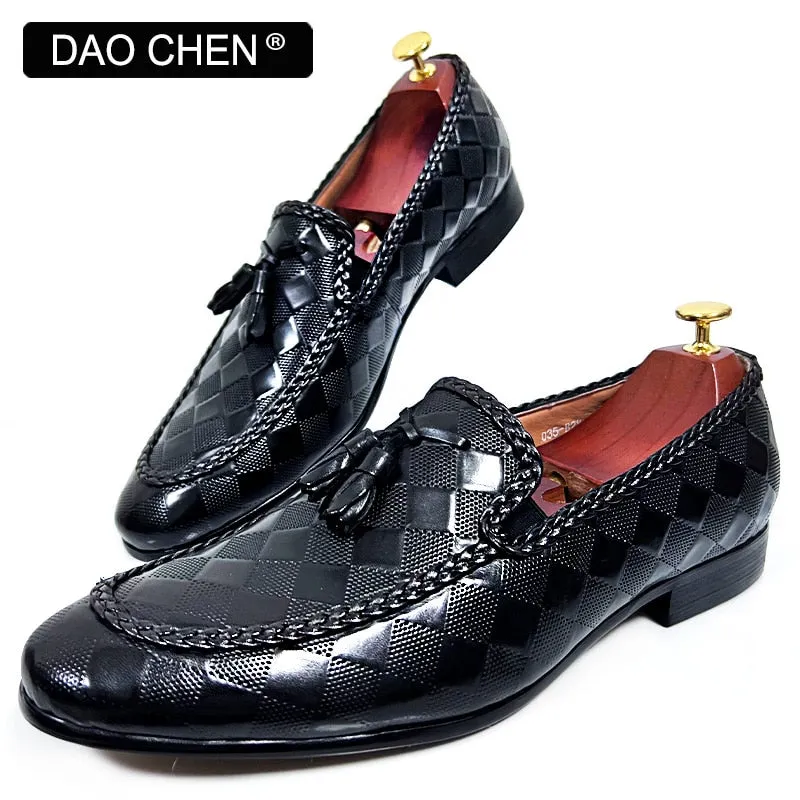 LUXURY PLAID PRINT WEAVE CASUAL SHOES BLACK BROWN WEDDING OFFICE DRESS MAN SHOES LOAFERS MEN Loafers With Chain