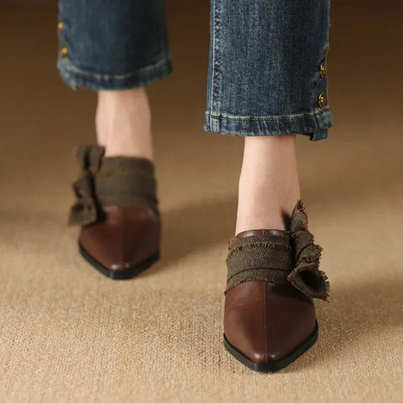 Slippers Tasman Lta binfenxie NEW Summer Women Mules Genuine Leather Shoes for Women Cover Toe Wedges Slippers Bow Knot Pointed Toe Black Women Sandals