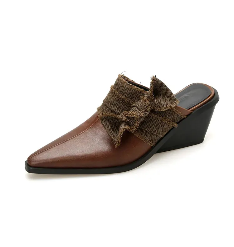 binfenxie NEW Summer Women Mules Genuine Leather Shoes for Women Cover Toe Wedges Slippers Bow Knot Pointed Toe Black Women Sandals Slippers And Robe