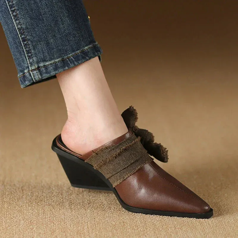 Gel Slides binfenxie NEW Summer Women Mules Genuine Leather Shoes for Women Cover Toe Wedges Slippers Bow Knot Pointed Toe Black Women Sandals