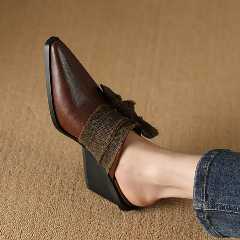 binfenxie NEW Summer Women Mules Genuine Leather Shoes for Women Cover Toe Wedges Slippers Bow Knot Pointed Toe Black Women Sandals Felt Boot Slippers