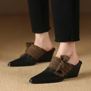 Fall Slippers binfenxie NEW Summer Women Mules Genuine Leather Shoes for Women Cover Toe Wedges Slippers Bow Knot Pointed Toe Black Women Sandals