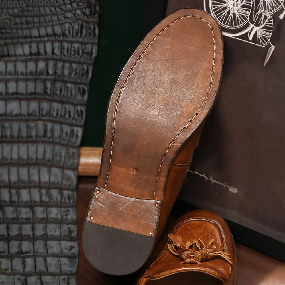 Oxfords Romantic Nickname Mantova Series-Classic Loafer Shoes For Women Goodyear Horse Leather with Tassels in Brown