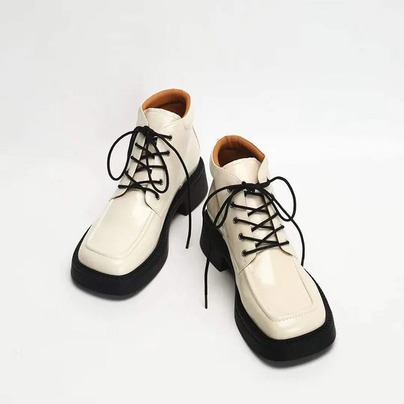 Martin Boots Women Leather Lace-Up Platform Ankle Booties in White/Black/Nude Calipa Cap-toe Oxfords