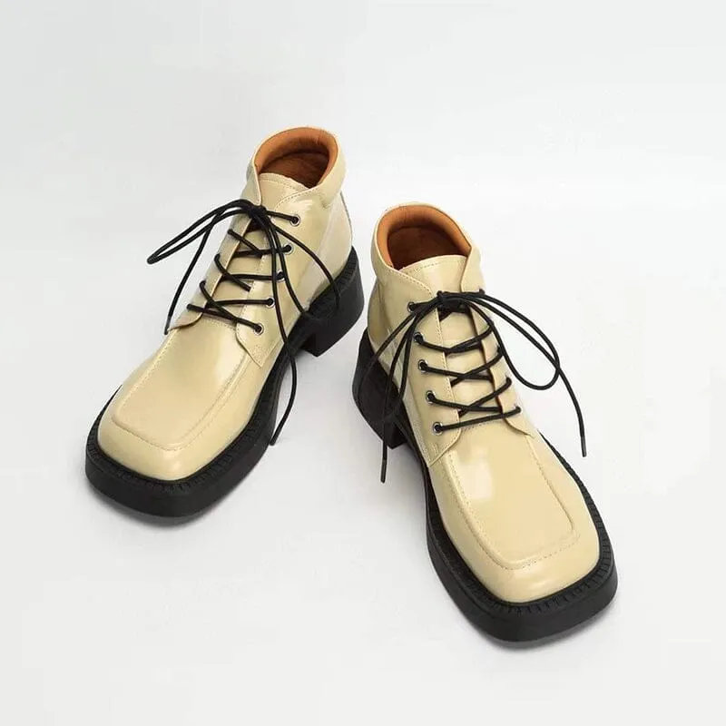 Martin Boots Women Leather Lace-Up Platform Ankle Booties in White/Black/Nude Oxfords And Jeans