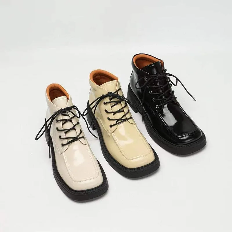 Martin Boots Women Leather Lace-Up Platform Ankle Booties in White/Black/Nude Gold Oxfords Outfit