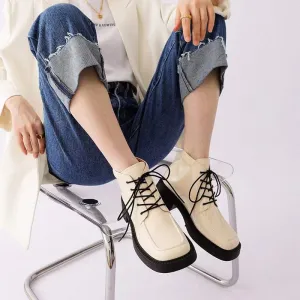 Define Oxford Shoes Martin Boots Women Leather Lace-Up Platform Ankle Booties in White/Black/Nude