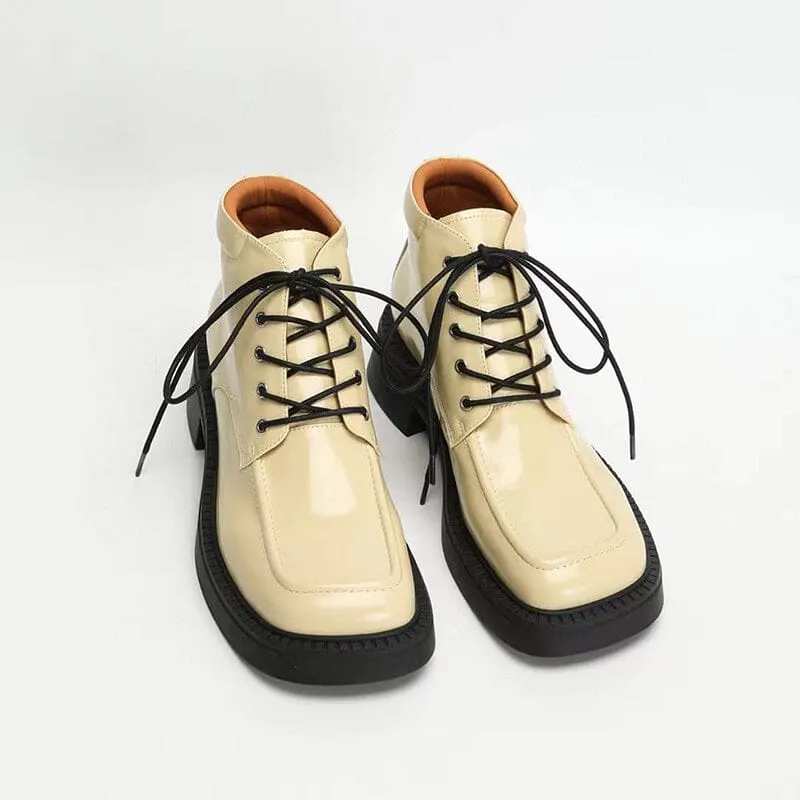 Martin Boots Women Leather Lace-Up Platform Ankle Booties in White/Black/Nude Leopard Print Oxfords